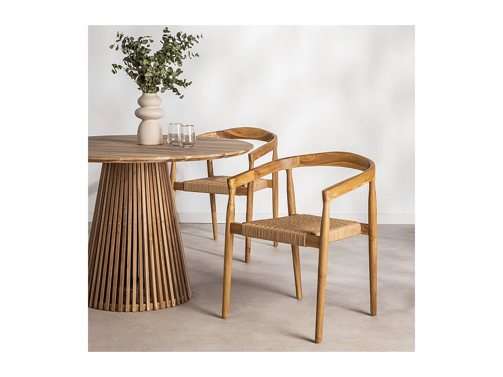 Buri - Lot de 2 fauteuils de table en teck et corde tressé - Bois clair