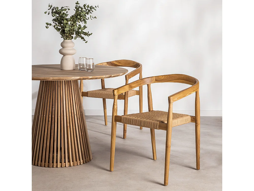 Buri - Lot de 2 fauteuils de table en teck et corde tressé - Bois clair