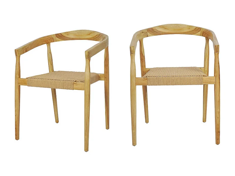 Buri - Lot de 2 fauteuils de table en teck et corde tressé - Bois clair
