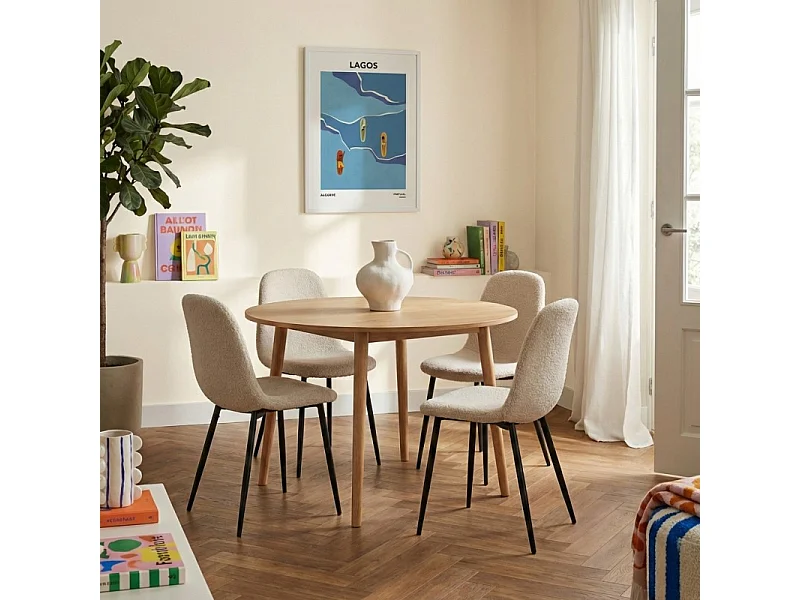 Lot de 4 chaises LENA tissu bouclette écru pieds métal noir