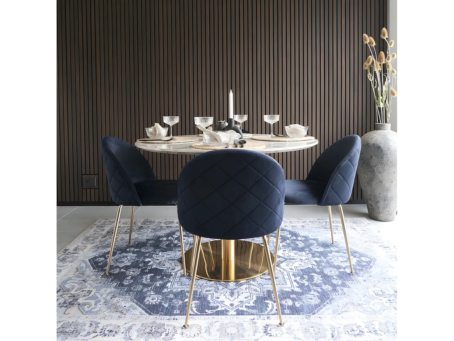 Geneve - Lot de 2 chaises en velours et pieds dorés - Bleu marine