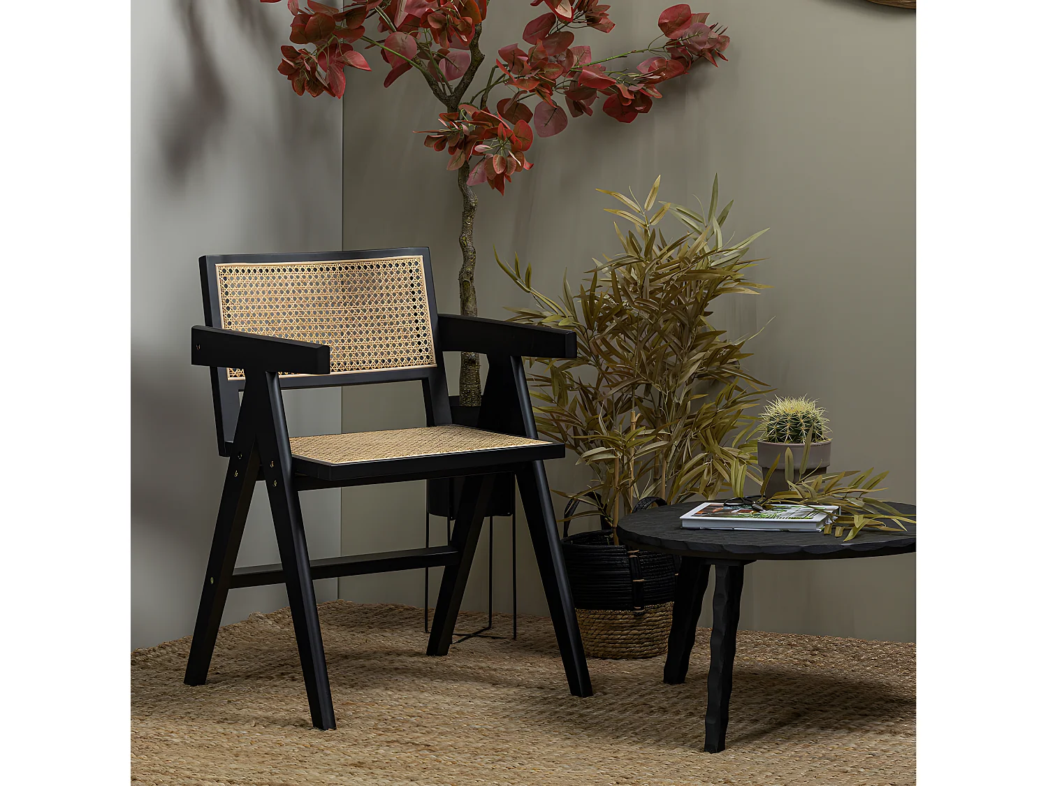 Gunn - Chaise en bois et rotin - Noir