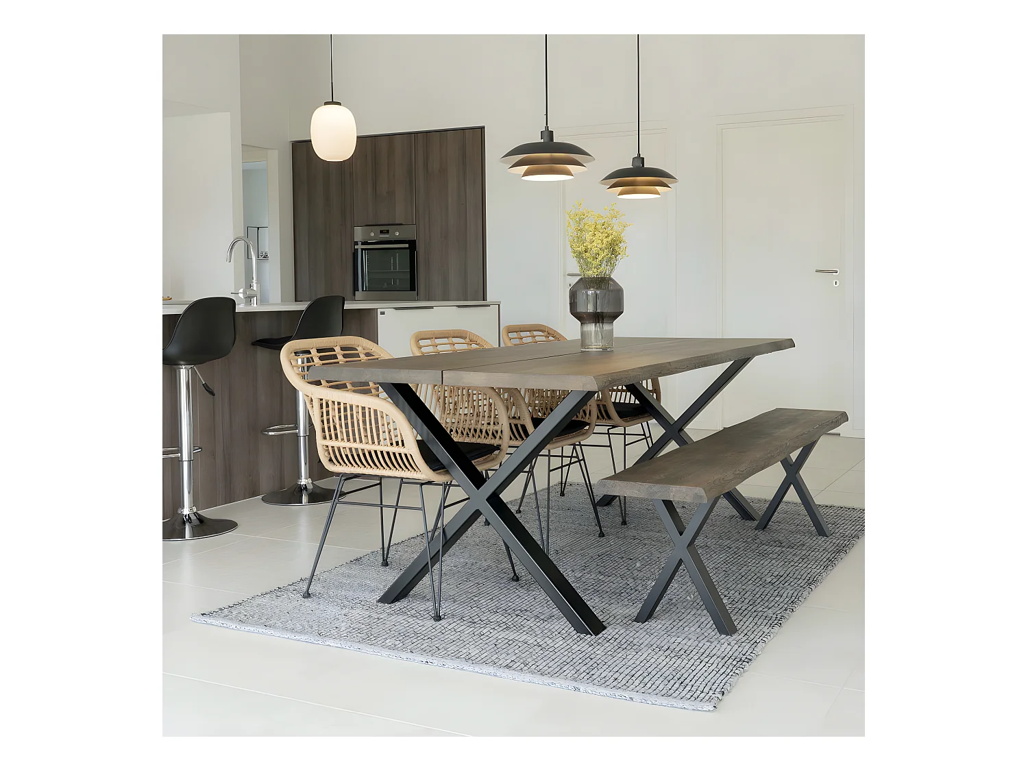 Trieste - Lot de 2 fauteuils indoor/outdoor aspect rotin et métal avec coussin - Bois clair