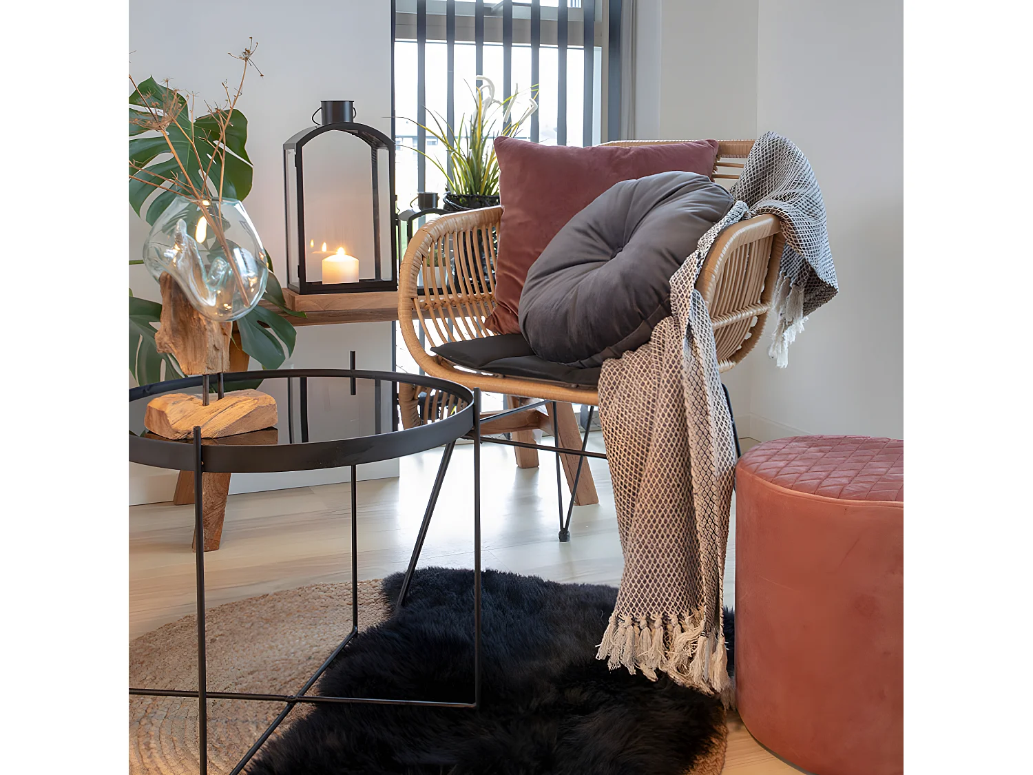 Trieste - Lot de 2 fauteuils indoor/outdoor aspect rotin et métal avec coussin - Bois clair