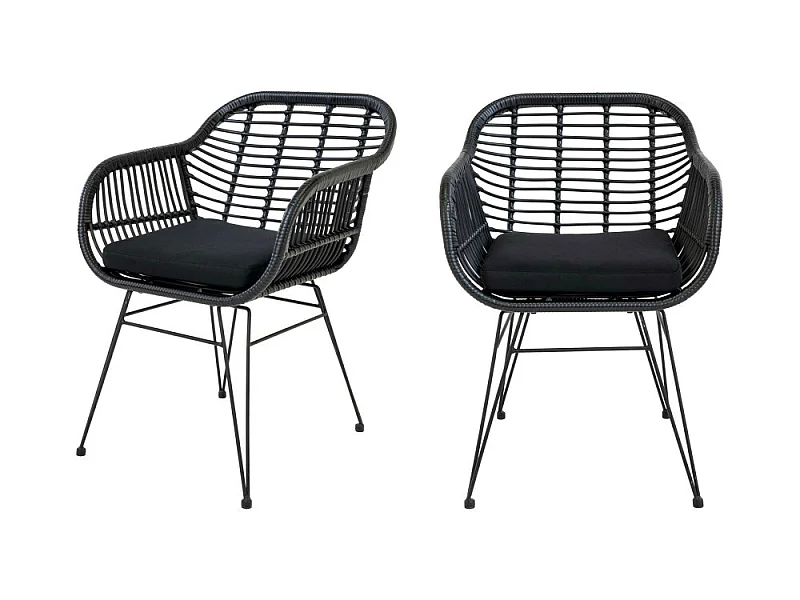 Trieste - Lot de 2 fauteuils indoor/outdoor aspect rotin et métal avec coussin - Noir