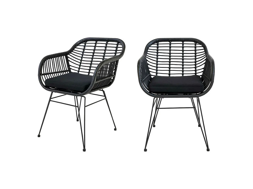 Trieste - Lot de 2 fauteuils indoor/outdoor aspect rotin et métal avec coussin - Noir