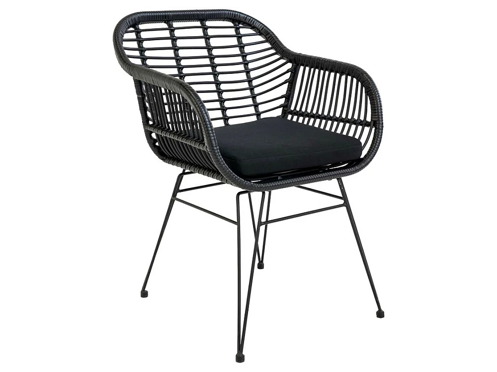 Trieste - Lot de 2 fauteuils indoor/outdoor aspect rotin et métal avec coussin - Noir