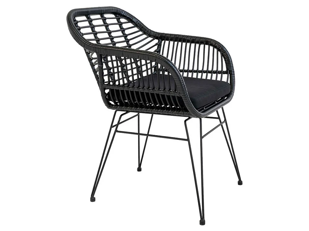 Trieste - Lot de 2 fauteuils indoor/outdoor aspect rotin et métal avec coussin - Noir