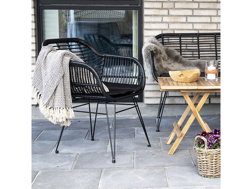 Trieste - Lot de 2 fauteuils indoor/outdoor aspect rotin et métal avec coussin - Noir