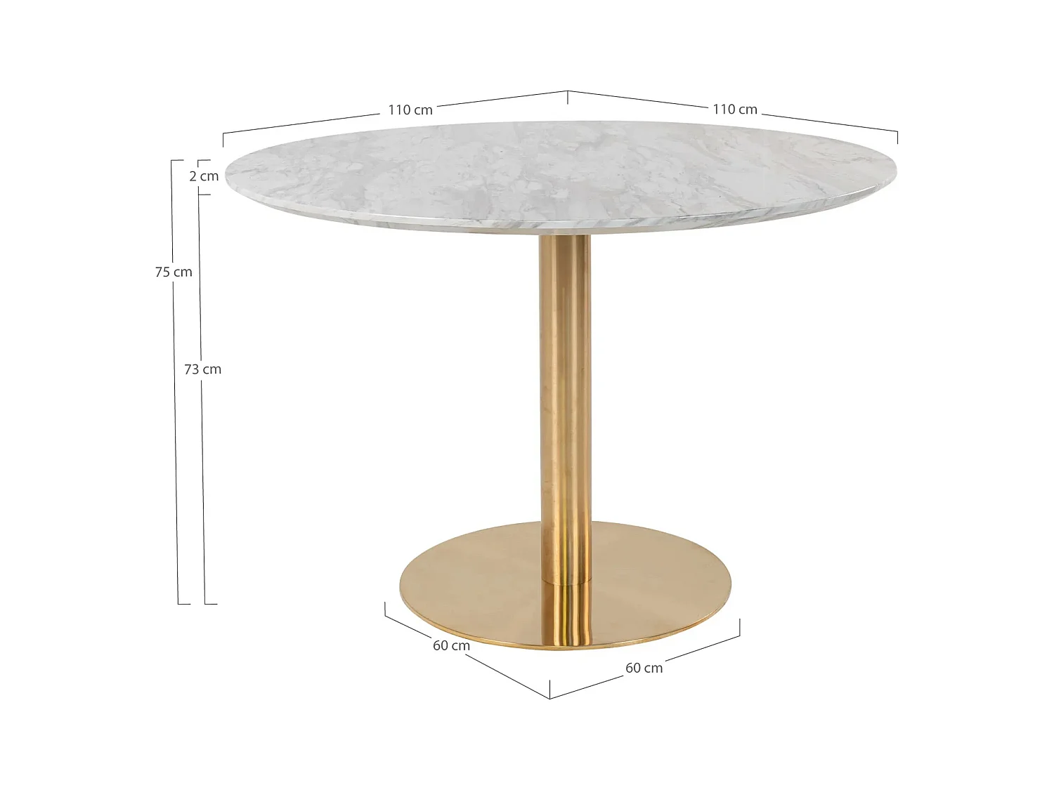 Table à manger ronde PIZA – Effet marbre blanc et pied laiton doré-Diamètre 110 cm
