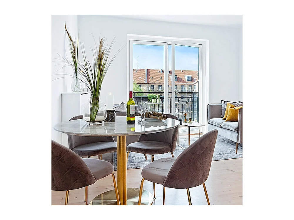 Table à manger ronde PIZA – Effet marbre blanc et pied laiton doré-Diamètre 110 cm