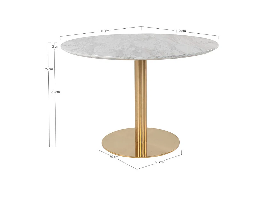Table à manger ronde PIZA – Effet marbre blanc et pied laiton doré-Diamètre 110 cm