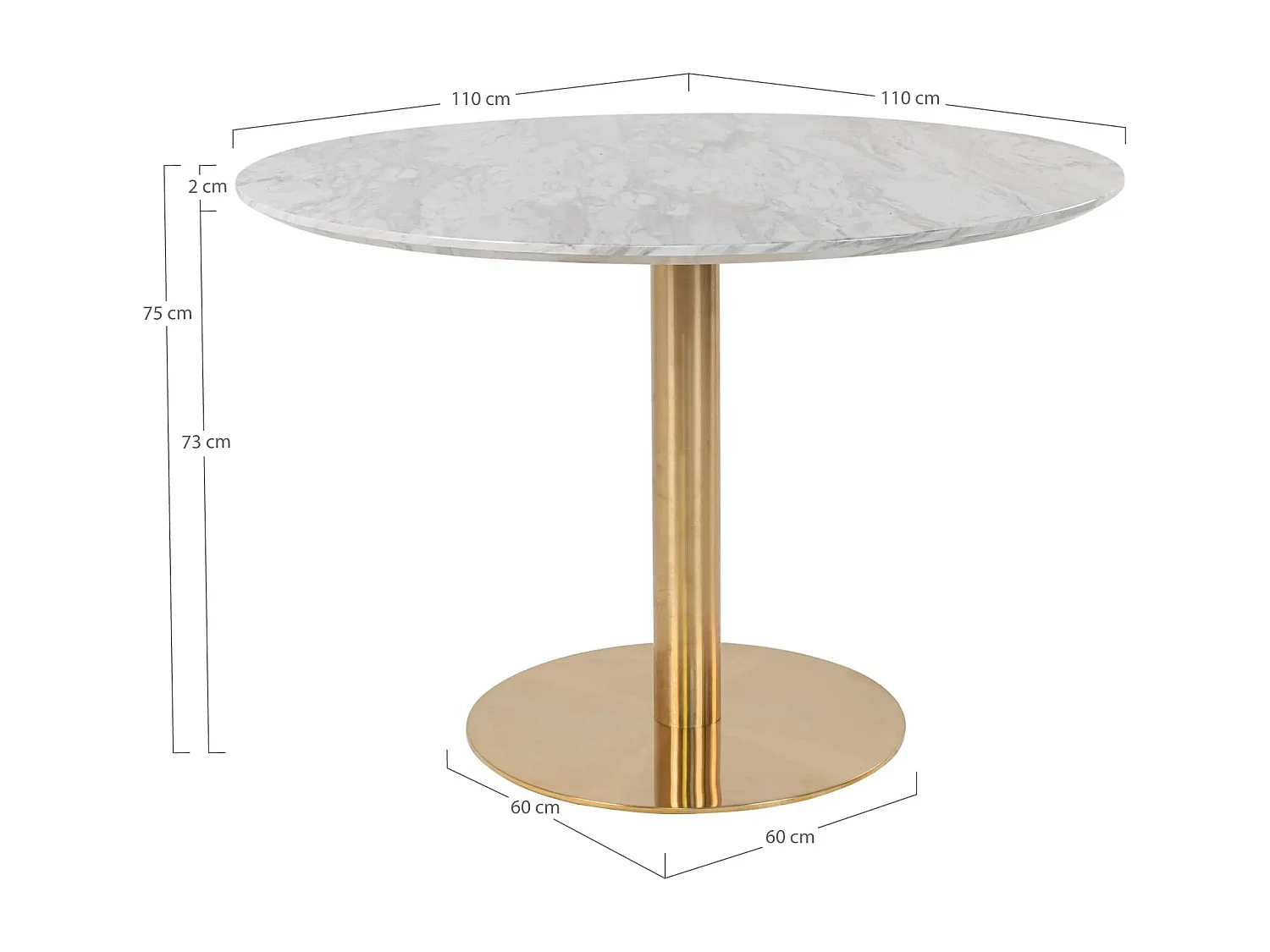 Table à manger ronde PIZA – Effet marbre blanc et pied laiton doré-Diamètre 110 cm