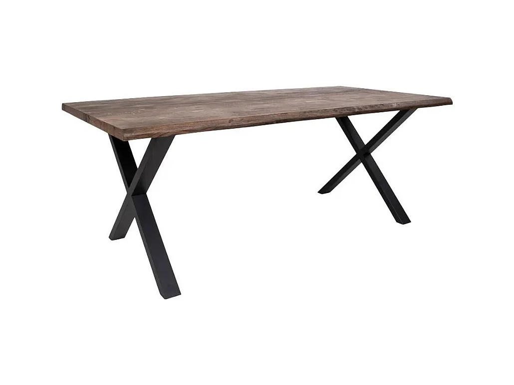 Table à manger industrielle TOULON – Chêne massif & acier noir, design avec bord ondulé-Marron-Largeur 200 cm