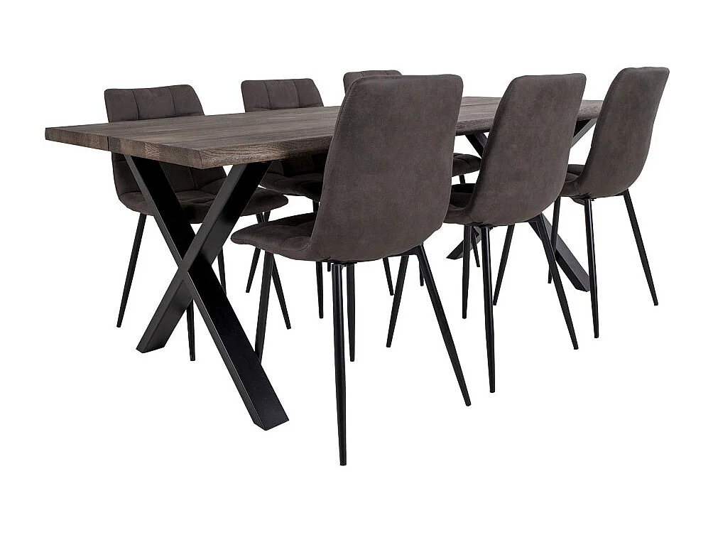 Table à manger industrielle TOULON – Chêne massif & acier noir, design avec bord ondulé-Marron-Largeur 200 cm