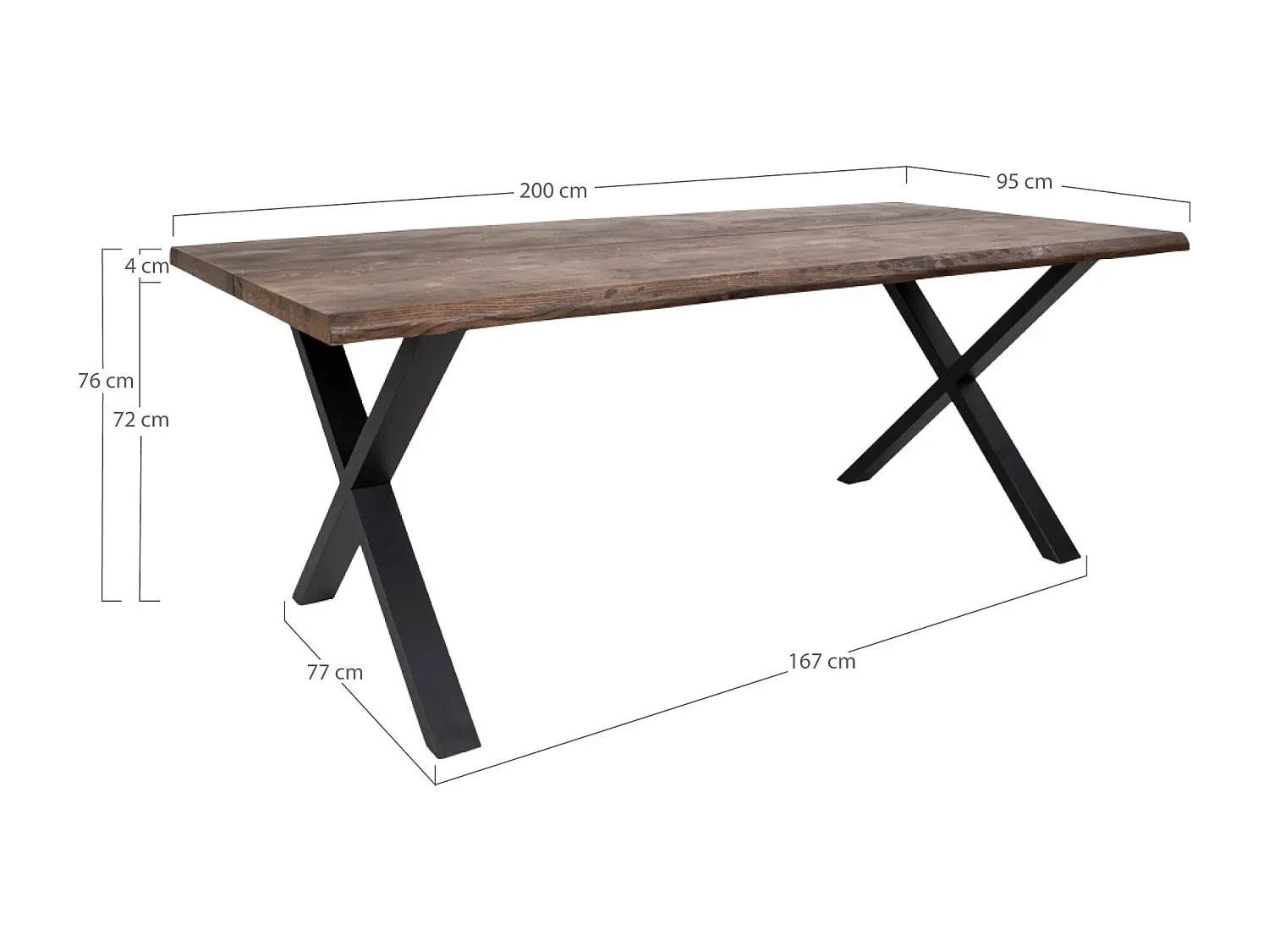Table à manger industrielle TOULON – Chêne massif & acier noir, design avec bord ondulé-Marron-Largeur 200 cm