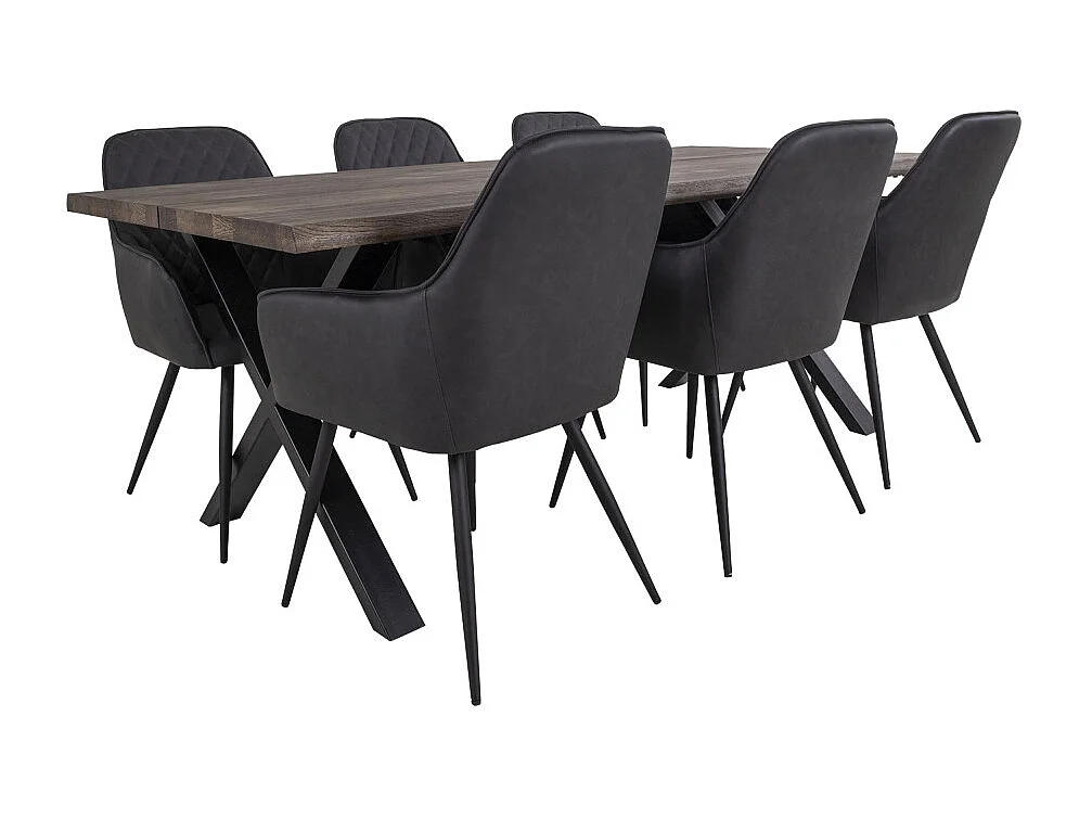 Table à manger industrielle TOULON – Chêne massif & acier noir, design avec bord ondulé-Marron-Largeur 200 cm