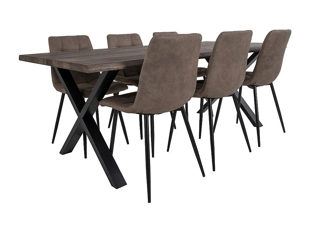 Table à manger industrielle TOULON – Chêne massif & acier noir, design avec bord ondulé-Marron-Largeur 200 cm