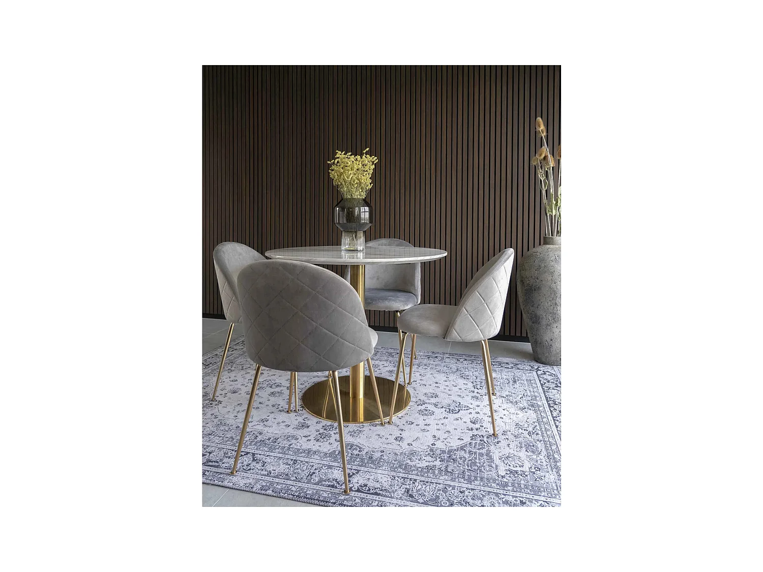 Table à manger ronde PIZA – Effet marbre blanc et pied laiton doré-Diamètre 90 cm