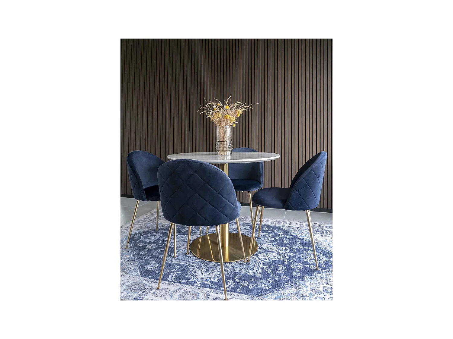 Table à manger ronde PIZA – Effet marbre blanc et pied laiton doré-Diamètre 90 cm