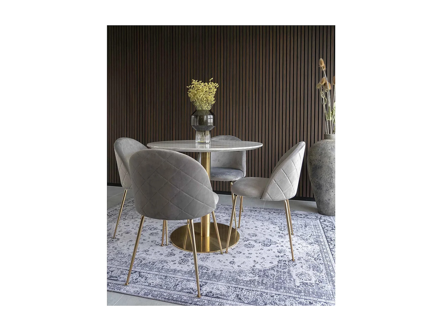 Table à manger ronde PIZA – Effet marbre blanc et pied laiton doré-Diamètre 90 cm