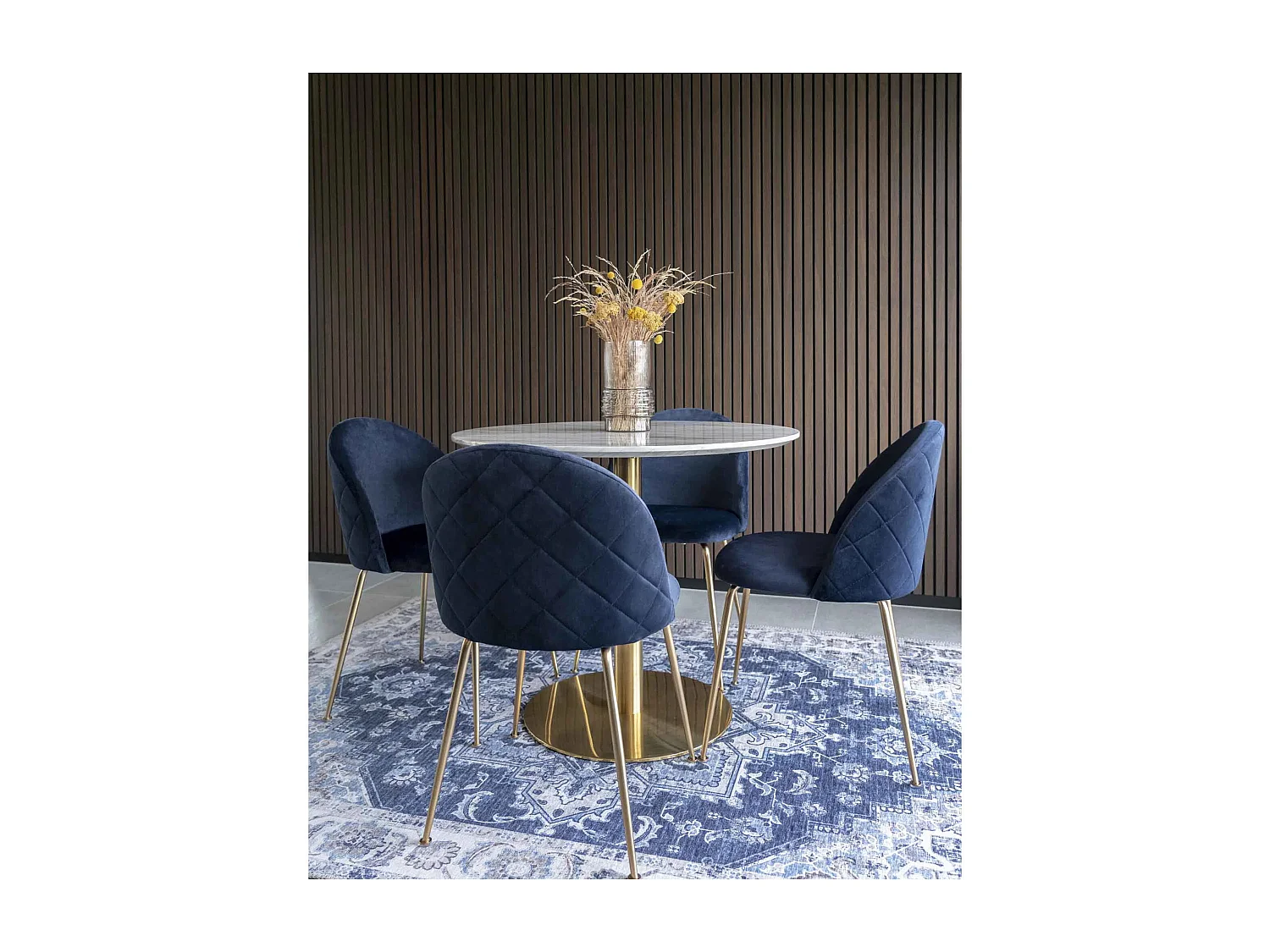 Table à manger ronde PIZA – Effet marbre blanc et pied laiton doré-Diamètre 90 cm