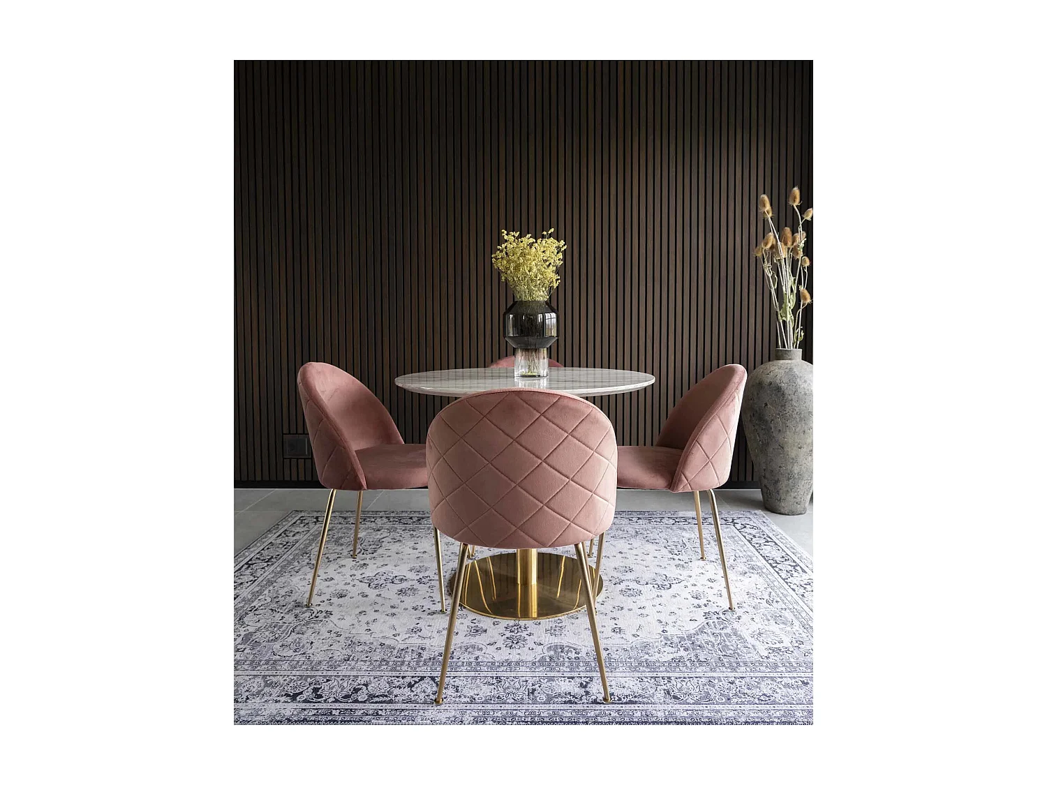 Table à manger ronde PIZA – Effet marbre blanc et pied laiton doré-Diamètre 90 cm