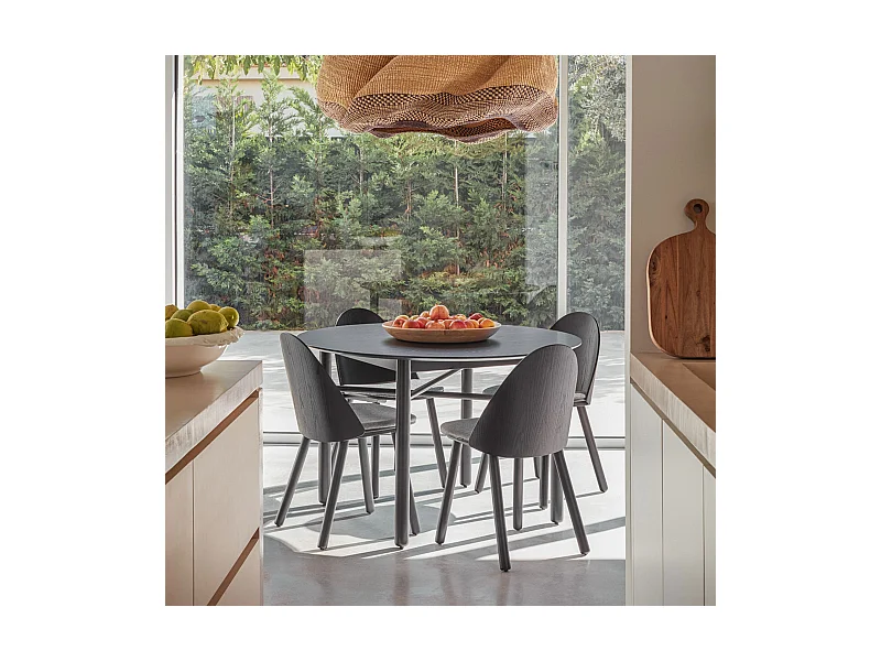 4-Sitzer-Tisch aus schwarz lackiertem Holz Ø120 cm