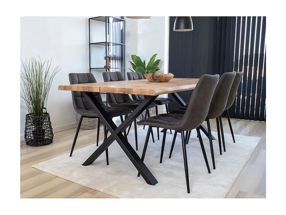 Table à manger industrielle TOULON – Chêne massif & acier noir, design avec bord ondulé-Beige-Largeur 200 cm