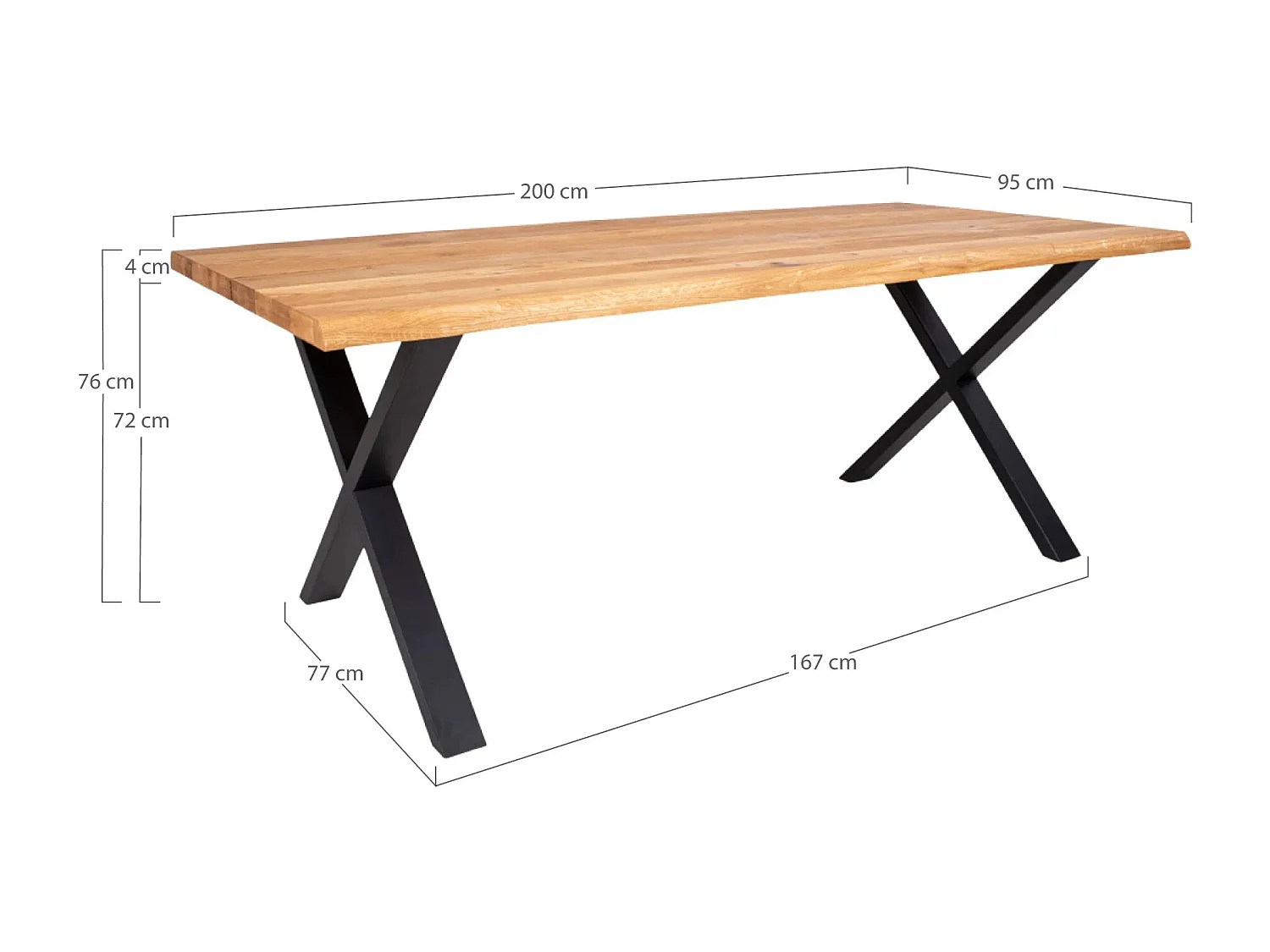 Table à manger industrielle TOULON – Chêne massif & acier noir, design avec bord ondulé-Beige-Largeur 200 cm