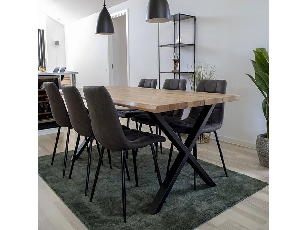 Table à manger industrielle TOULON – Chêne massif & acier noir, design avec bord ondulé-Beige-Largeur 200 cm