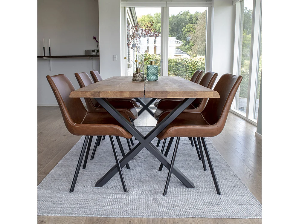 Table à manger industrielle TOULON – Chêne massif & acier noir, design avec bord ondulé-Beige-Largeur 200 cm
