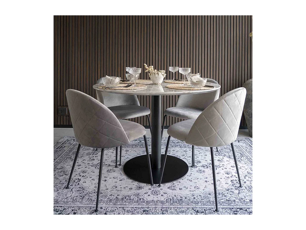 Bologna Esstisch Ø110 cm Marmoroptik, schwarze Beine, weiß.