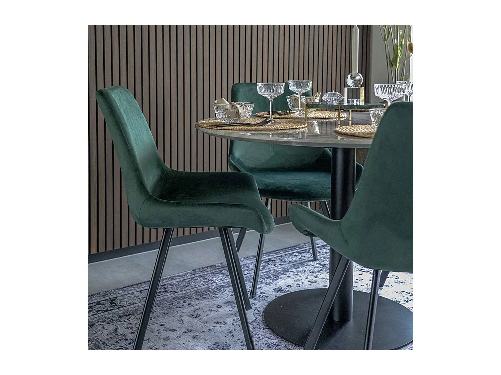 Bologna Esstisch Ø110 cm Marmoroptik, schwarze Beine, weiß.