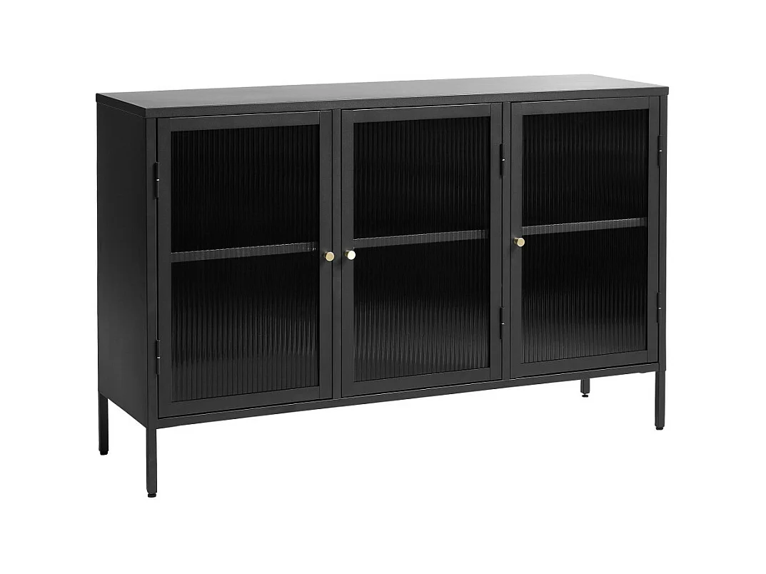 Bjorn - Buffet 3 portes en verre strié et métal L132cm : Couleur - Noir