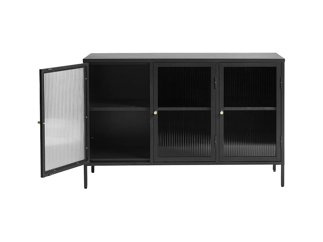 Bjorn - Buffet 3 portes en verre strié et métal L132cm : Couleur - Noir