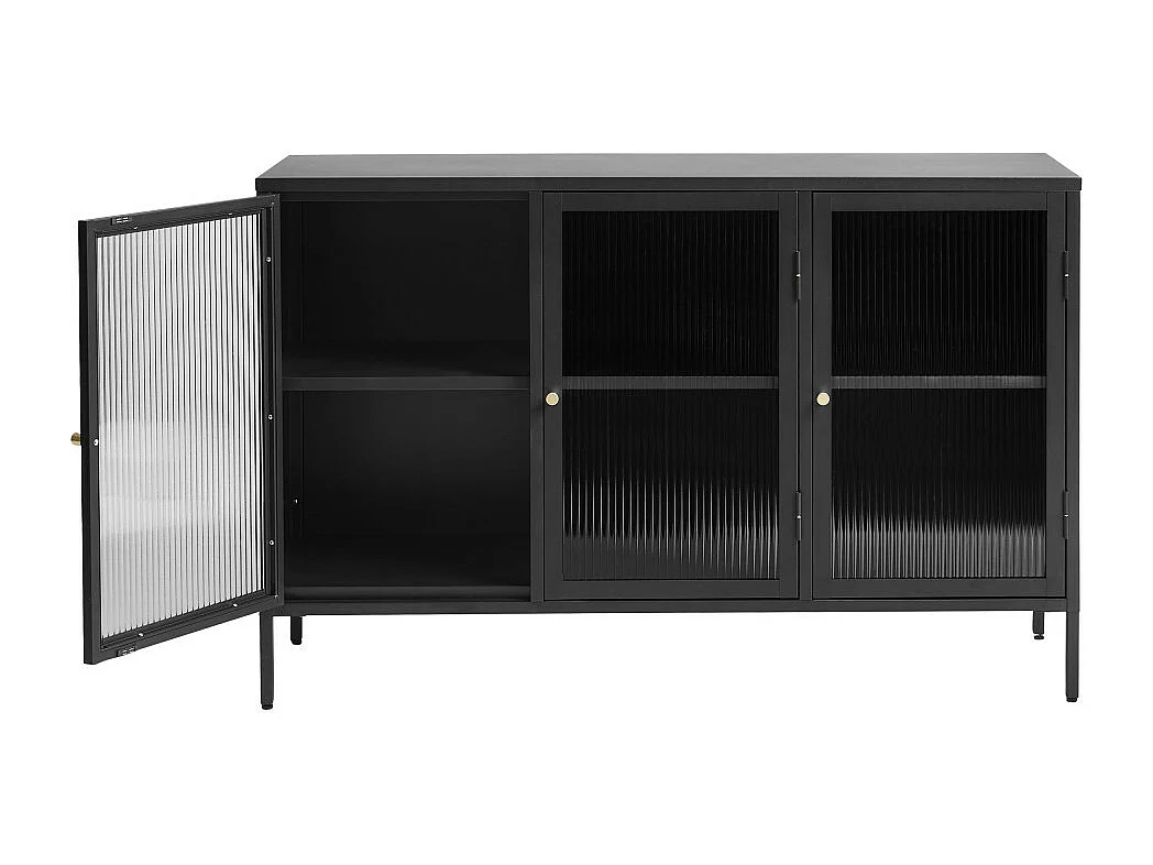 Bjorn - Buffet 3 portes en verre strié et métal L132cm : Couleur - Noir