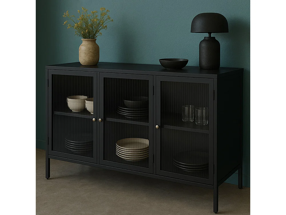 Bjorn - Buffet 3 portes en verre strié et métal L132cm - Noir