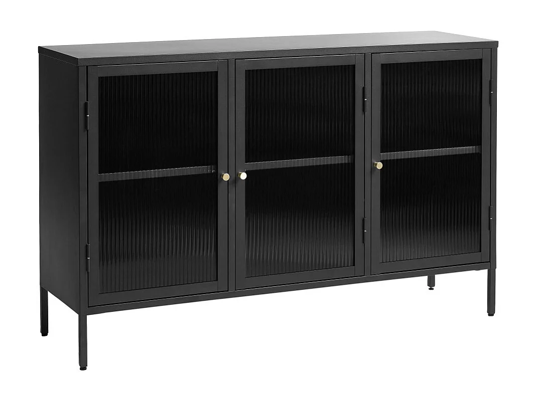 Bjorn - Buffet 3 portes en verre strié et métal L132cm - Noir