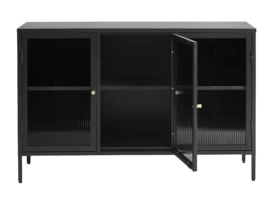 Bjorn - Buffet 3 portes en verre strié et métal L132cm - Noir