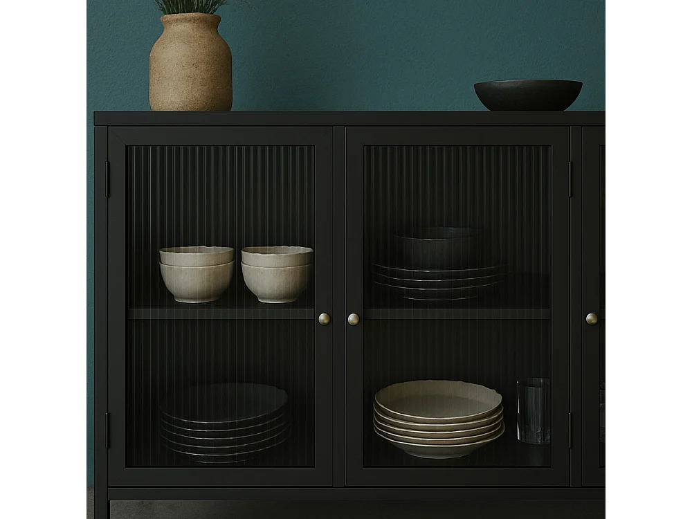 Bjorn - Buffet 3 portes en verre strié et métal L132cm - Noir