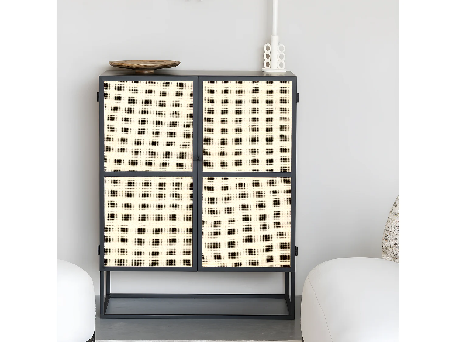 Guuji - Buffet 2 portes en bois et cannage L80cm - Couleur - Noir