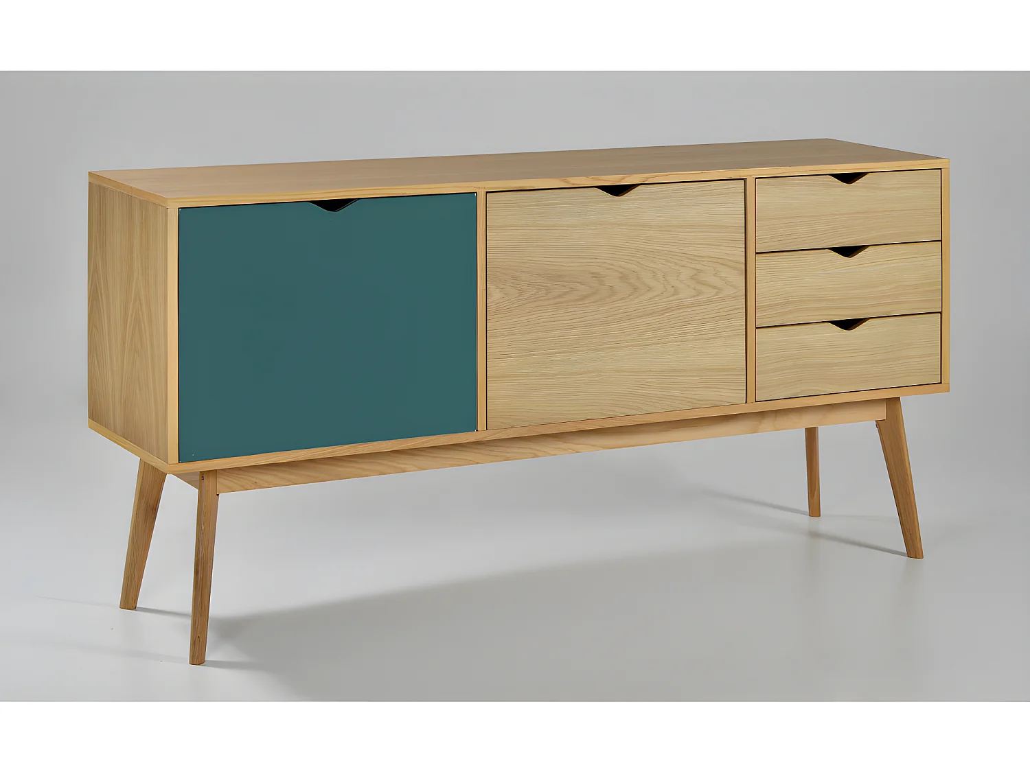 Ström - Buffet design 2 portes 3 tiroirs chêne - Couleur - Porte vert eucalyptus