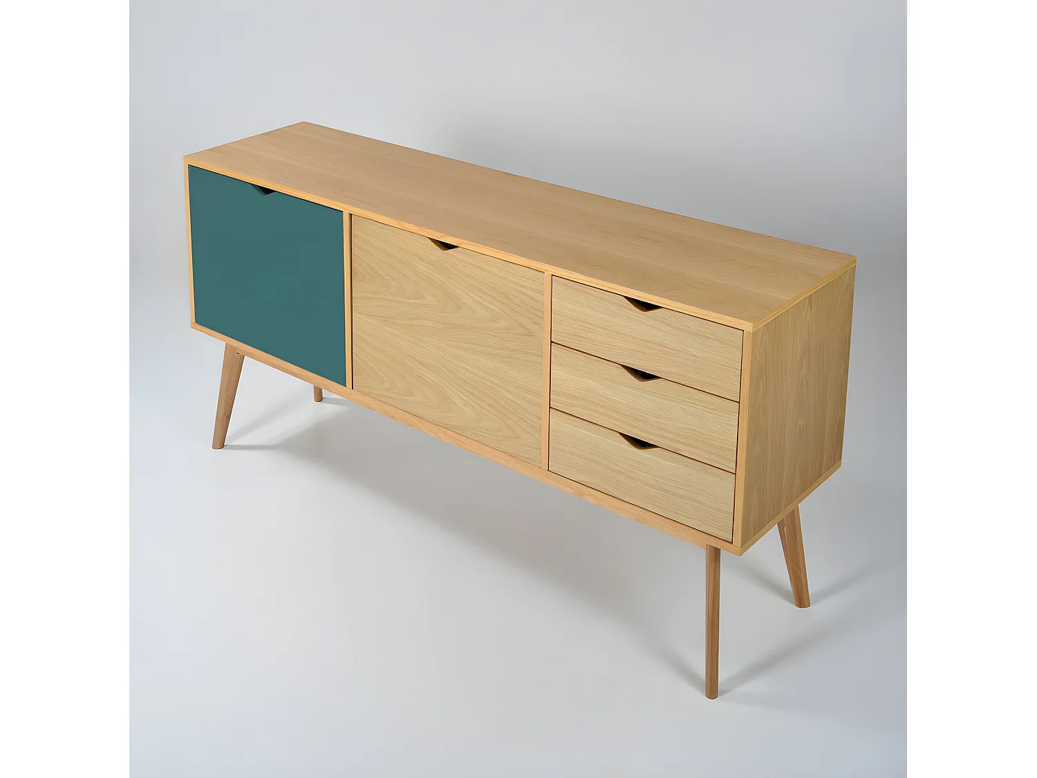 Ström - Buffet design 2 portes 3 tiroirs chêne - Couleur - Porte vert eucalyptus