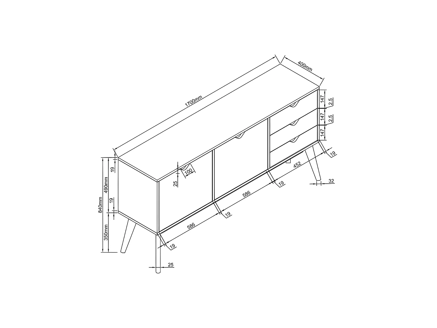 Ström - Buffet design 2 portes 3 tiroirs chêne - Couleur - Porte vert eucalyptus