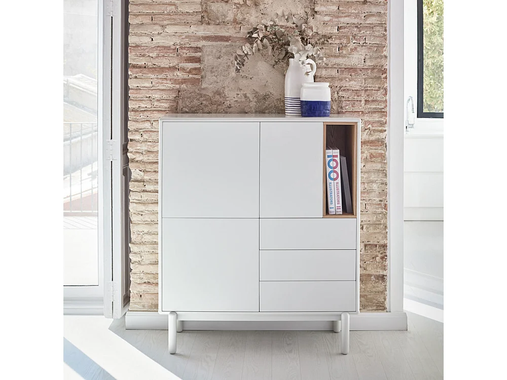Corvo - Buffet haut 3 portes 3 tiroirs en bois L100cm - Blanc
