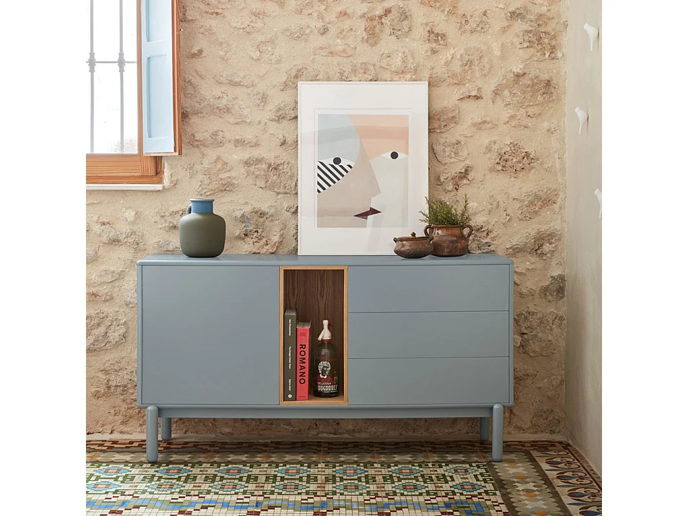Corvo - Buffet 1 porte 3 tirois en bois L136,8cm : Couleur - Gris clair