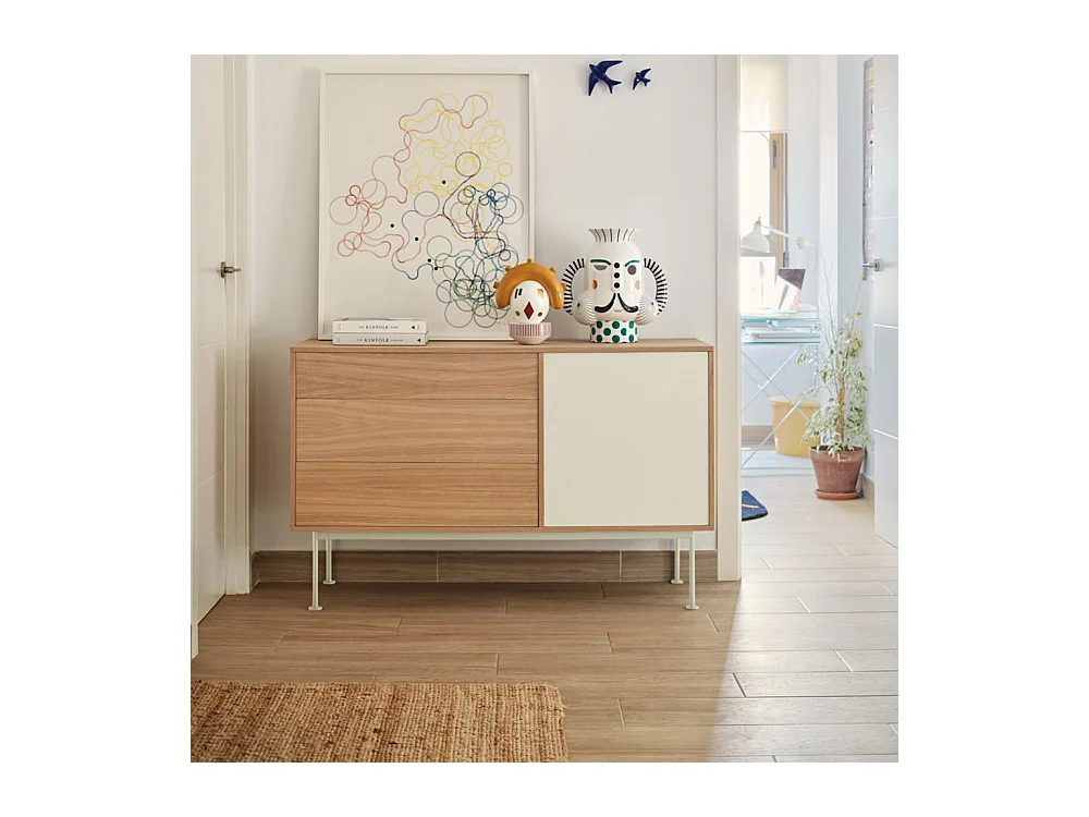 Yoko - Buffet 1 porte 3 tiroirs en bois L128cm : Couleur - Blanc