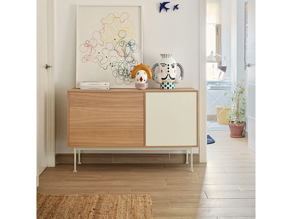 Yoko - Buffet 1 porte 3 tiroirs en bois L128cm : Couleur - Blanc