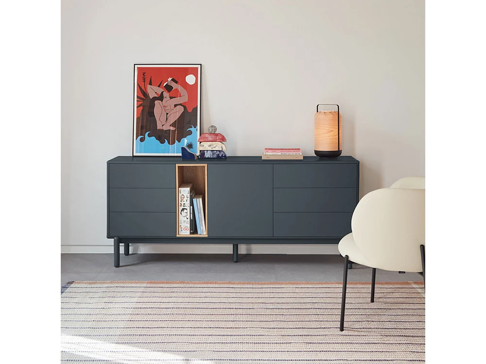 Corvo - Buffet 1 porte 6 tiroirs en bois L180cm : Couleur - Gris anthracite